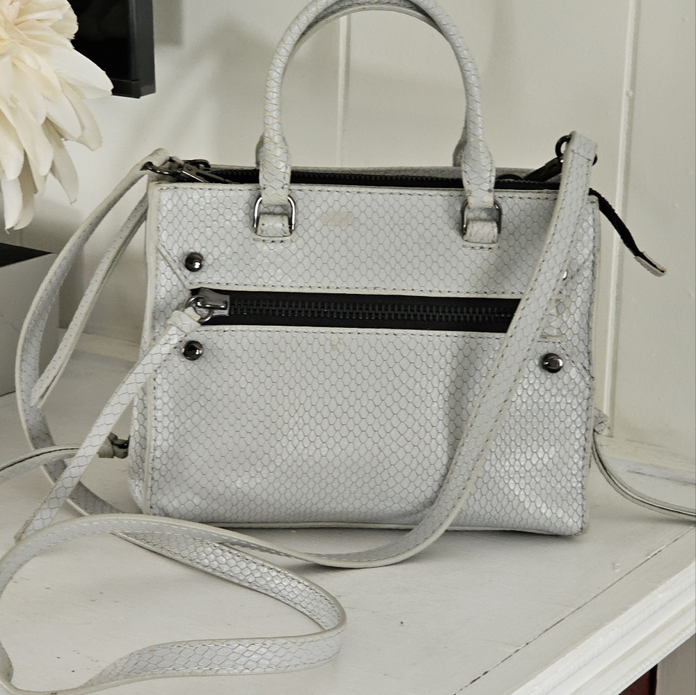 Silver Botkier Logan mini tote crossbody embossed snake print. Grey/silver